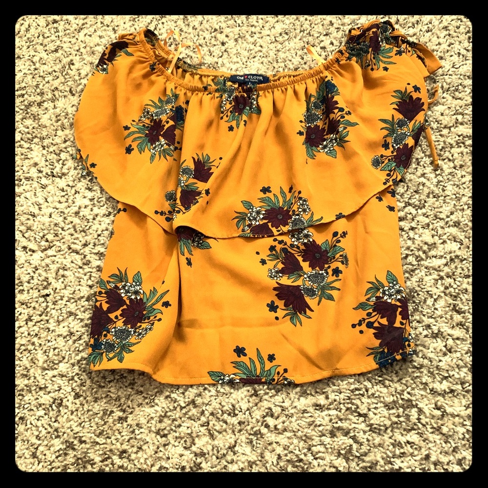 Mustard yellow floral off the shoulder top